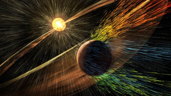 태양풍이 화성에 부딪히는 상상도. 출처 : NASA/GSFC