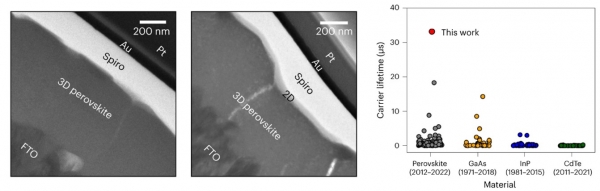 (왼쪽) 페로브스카이트 태양전지 단면 투과전자현미경 이미지.(오른쪽) 다양한 물질들의 캐리어 수명 비교.출처: 성균관대학교